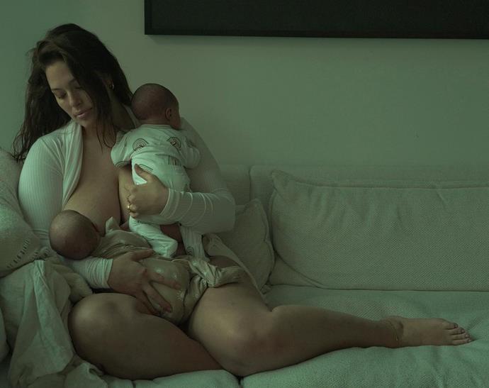 Ashley Graham's first photo of twin boys Roman and Malachi - breastfeeding one while holding the other